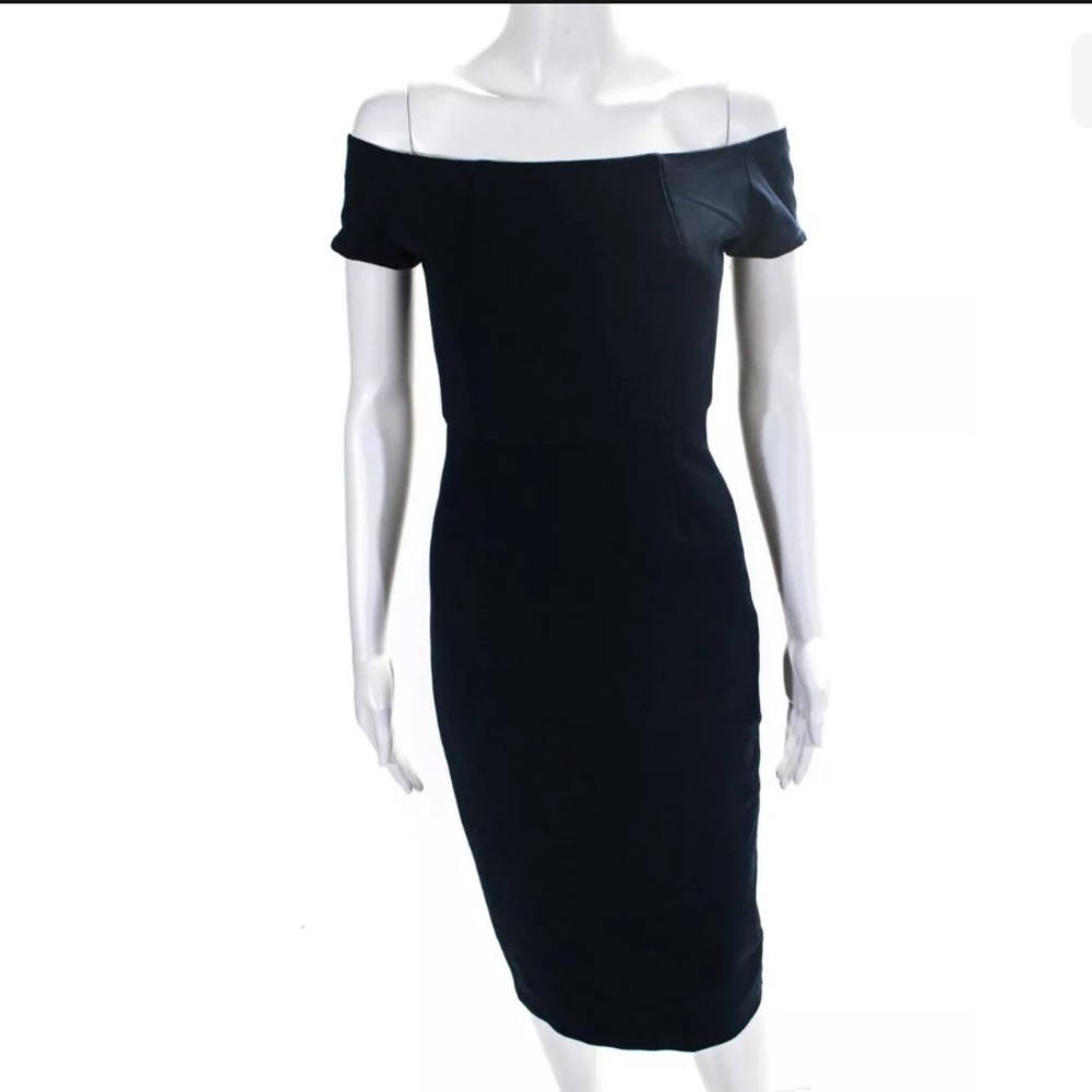 Trina Turk indigo sheath off shoulder stretchy shirt sleeve midi dress size 0 - Picture 7 of 8